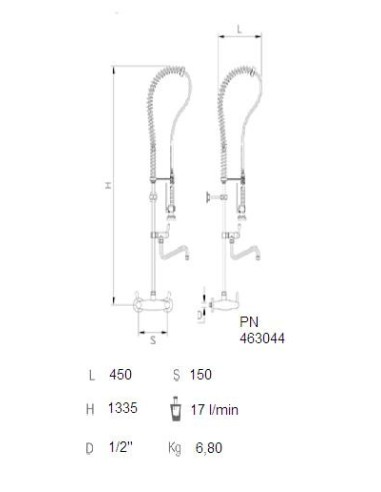 Grifo ducha mural dos aguas 1/4 de vuelta con levas con caño