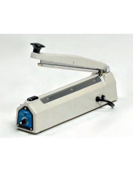 Soldadora de bolsas con regulador de temperatura, posición sobremesa.