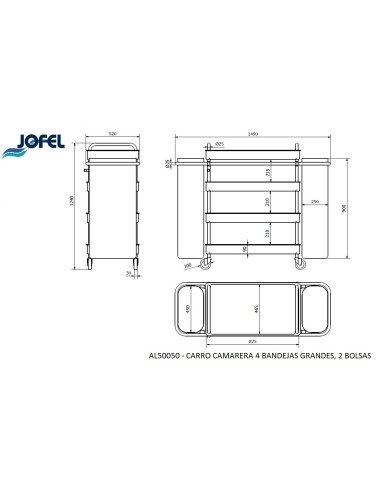 Carro Camarera Metálico 4 Bandejas Grandes y 2 Bolsas AL50050