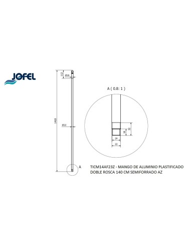 MANGO DE ALUMINIO DOBLE ROSCA 140 CMS. SEMIFORRADO AZUL TICM14AF23Z