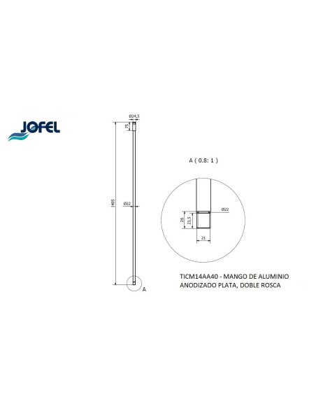 MANGO DE ALUMINIO ANONIZADO PLATA DOBLE ROSCA 155 CMTS TICM14AA40